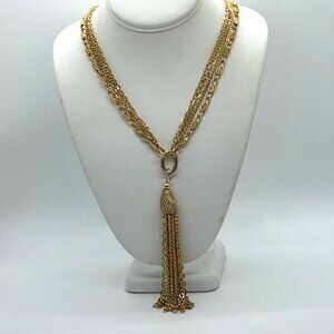 Vintage Gold Tone Multi-Chain Tassel Necklace Art Deco Revival Boho 20" Chain Wi